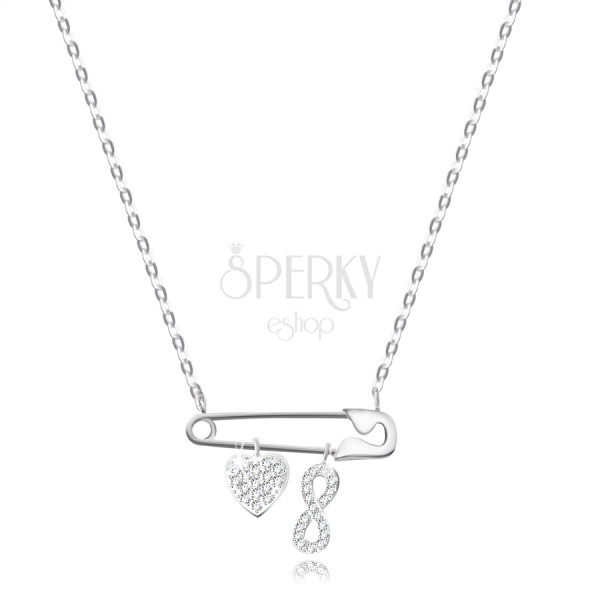 925 ezüst nyaklánc – biztosítótű egy szív és egy végtelenség szimbólum alakú medállal, átlátszó cirkóniák