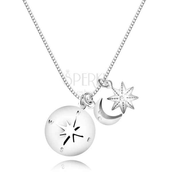 925 ezüst nyaklánc - kivágott iránytű, csillag és hold cirkóniával