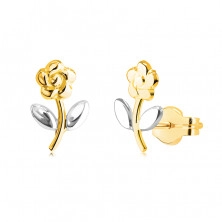Fülbevalók kombinált 14K aranyból - virág ívelt szárral, fényes felülettel