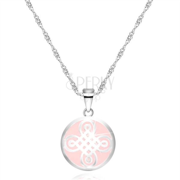925 ezüst nyaklánc – kör alakú medál, kelta motívum, rózsaszín háttér