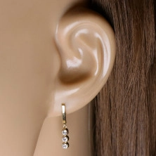 Fülbevaló 14K aranyból – sima keskeny téglalap, három foglalat kerek cirkóniákkal, beszúrós fülbevaló