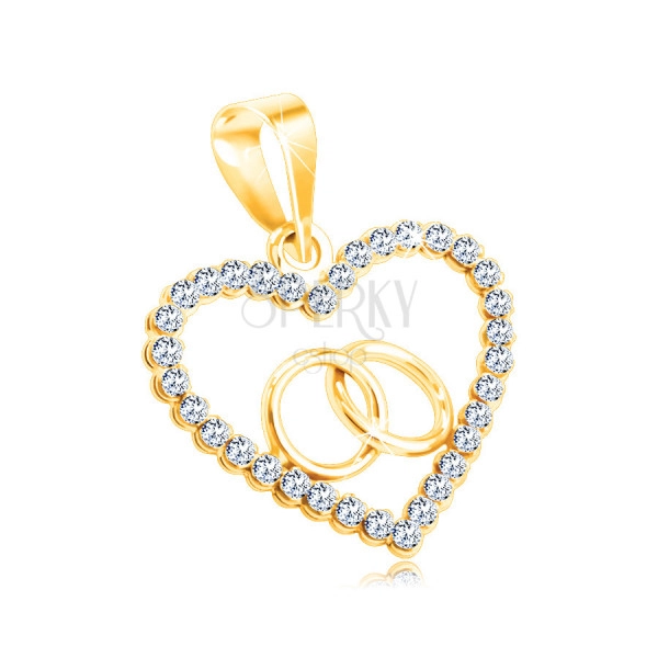 14K sárga arany medál - szív körvonal, kerek átlátszó cirkóniák egymásba fonódó gyűrűk