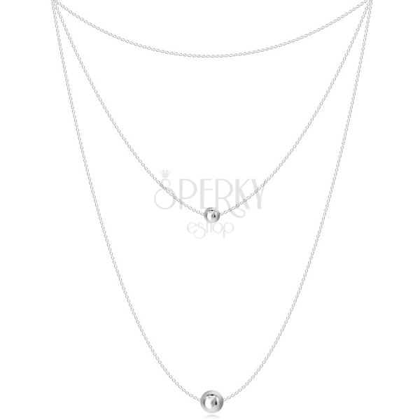 925 ezüst nyaklánc - három különböző hosszúságú lánc, két sima, fényes gyöngysor