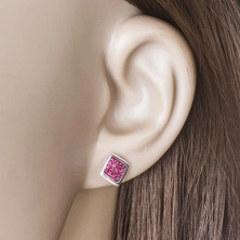 925 Ezüst fülbevaló - fényes négyzet, rózsaszínű cirkóniával díszítve,stekker zár
