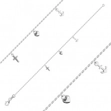 925 Ezüst karkötő - ovális láncszemek, medálok - SZÍV,HORGONY, KERESZT