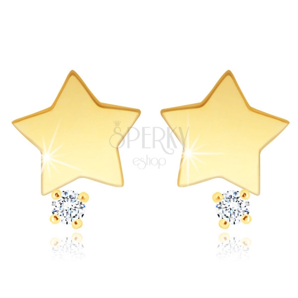  9K Sárgaarany gyémánt fülbevaló - csillag, briliánssal, csillogó szegecsekkel