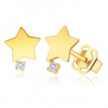  9K Sárgaarany gyémánt fülbevaló - csillag, briliánssal, csillogó szegecsekkel