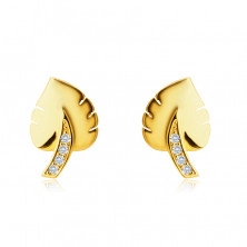 14K sárga arany gyémánt fülbevaló - „könnyező pálma” levél, szár briliánsokkal díszítve