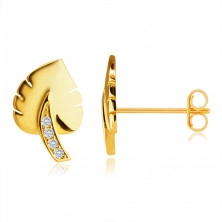 14K sárga arany gyémánt fülbevaló - „könnyező pálma” levél, szár briliánsokkal díszítve
