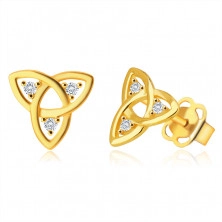 14K arany, gyémánt fülbevaló - Triquetra szimbólum, átlátszó briliánsok, stekker zár