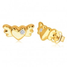 Gyémánt fülbevalók 14K sárga aranyból - szív,szárnyakkal és tiszta briliánssal