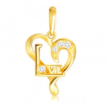  375 Sárgaarany gyémánt medál - kis szívkontúr, tiszta briliánsok, „Love”-(szeretet) felirat
