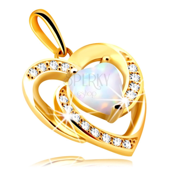 14K Sárgaarany gyémánt medál - szív fehér szintetikus opállalból, tiszta briliánsokkal