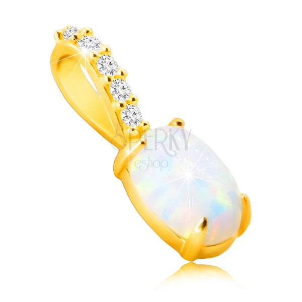14K Sárga arany gyémánt medál - ovális szintetikus opál, szivárvány visszaverődéssel, briliánsokkal