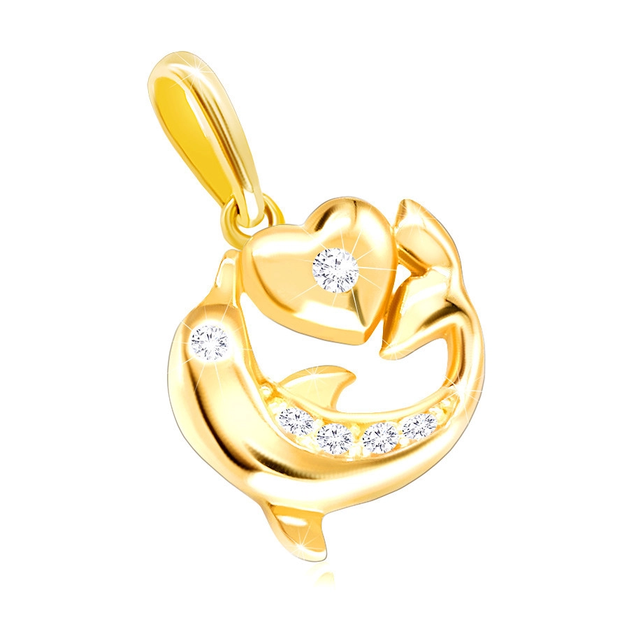 585 Sárga arany gyémánt medál - delfin, finom, sima szívvel, tiszta briliánsokkal