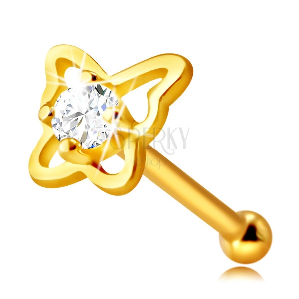  14K sárga arany gyémánt orr piercing - pillangó formával ,briliánssal, 1,75 mm