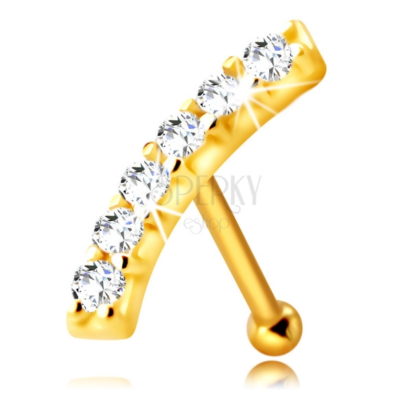  14K sárga arany gyémánt orrpiercing, egyenesen szár, hajlított csík, átlátszó briliánsokkal