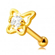 14K sárga arany gyémánt orr piercing - pillangó formával ,briliánssal, 1,5 mm