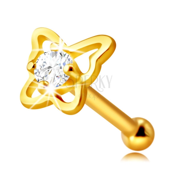 14K sárga arany gyémánt orr piercing - pillangó formával ,briliánssal, 1,5 mm