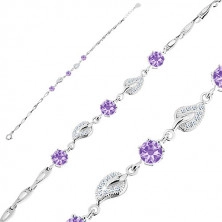925 Ezüst karkötő - cirkóniás levelek, lila cirkóniák, könnycsepp alakú láncszemekkel