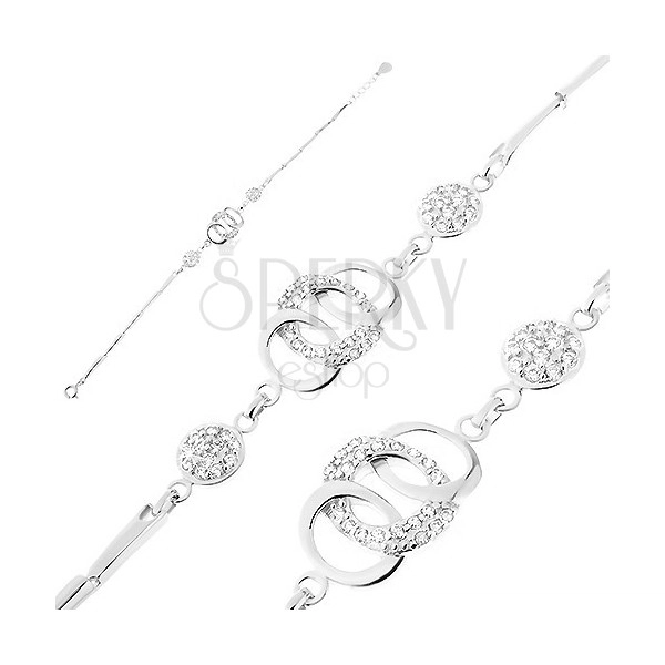 925 Ezüst karkötő - csillogó láncszemek, összefont karikák, gyűrűk, átettsző cirkóniák