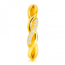 Fényes gyűrű 14K sárga aranyból - összefonódó hullámok, briliánsok sora