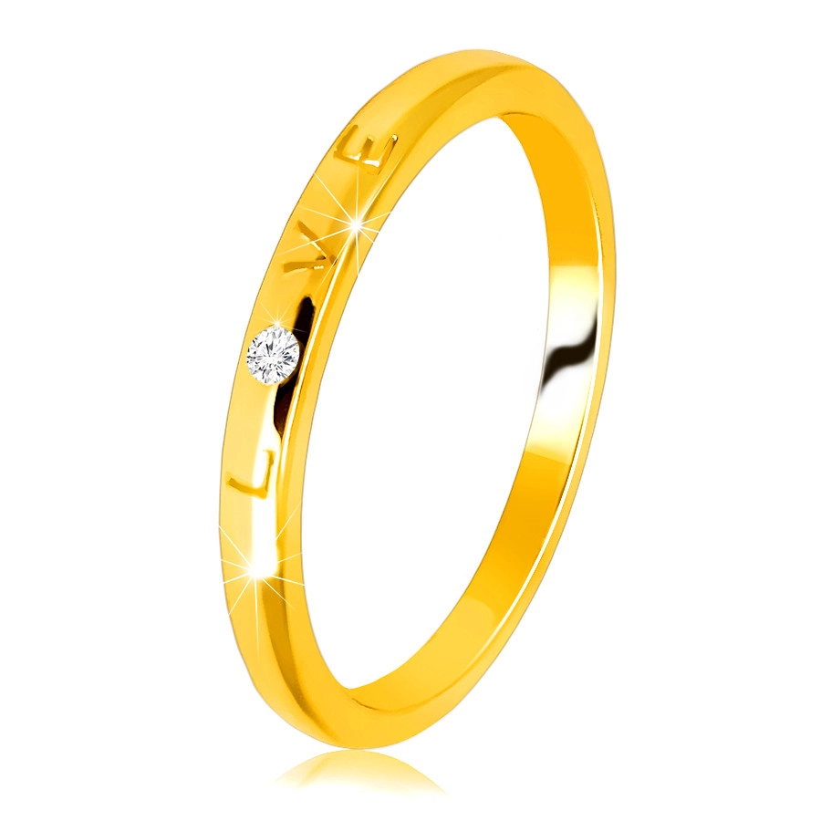 14K sárga arany gyémánt gyűrű - „LOVE” (Szeretet )felirat, briliánssal, sima felülettel, 1,5 mm - Nagyság: 56
