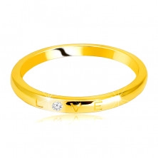 14K sárga arany gyémánt gyűrű - „LOVE” (Szeretet )felirat, briliánssal, sima felülettel, 1,5 mm