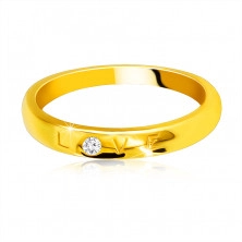 Gyémánt gyűrű 585 sárga aranyból - „LOVE” felirattal, briliánssal, sima felülettel, 1,6 mm