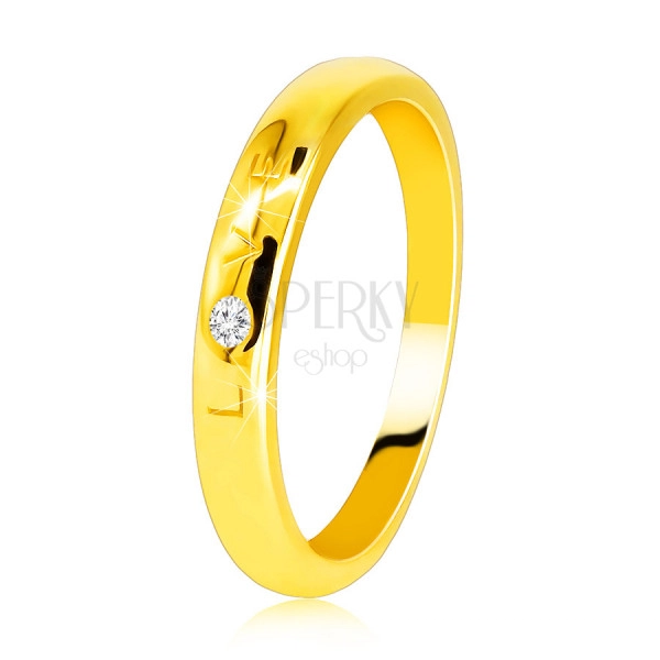 Gyémánt gyűrű 585 sárga aranyból - „LOVE” felirattal, briliánssal, sima felülettel, 1,6 mm