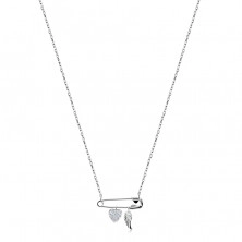 925 Ezüst nyaklánc - biztosítótű medállal, cirkóniás szívvel, angyalszárnnyal