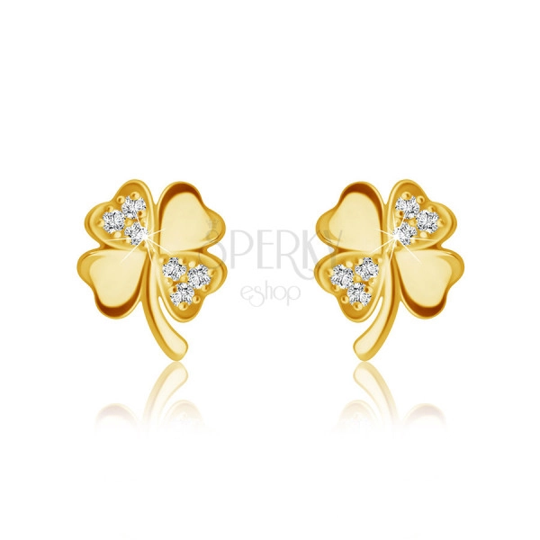 Gyémánt fülbevalók 14K sárga aranyból - négylevelű lóhere csillogó briliánsokkal