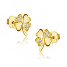 Gyémánt fülbevalók 14K sárga aranyból - négylevelű lóhere csillogó briliánsokkal