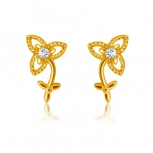 Gyémánt fülbevaló 14K sárga aranyból - szárral és levelekkel ellátott virág, tiszta briliáns