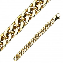 Masszív acél karkötő arany színben - széles lapított lánc, különböző hosszúságú