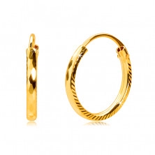 Fülbevaló sárga, 585 aranyból - karika oldal barázdákkal,gyémánt véséssel, 12 mm