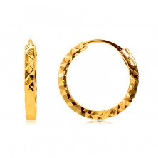 Fülbevaló 585 sárga aranyból - gyémánt véséssel díszített karikák, szögletes vállak, 12 mm