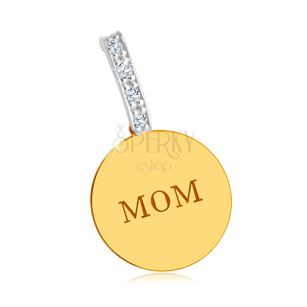 Kombinált 14K arany medál - fényes lapos kör, "MOM" felirat, cirkóniás vonal