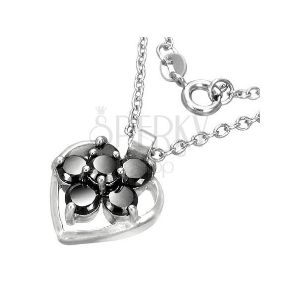 Divatos nyaklánc - ezüst szív keret, fekete cirkónia virág