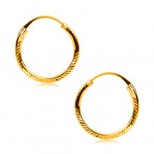 Fülbevaló sárga, 375 aranyból - karika oldal barázdákkal,gyémánt véséssel, 12 mm