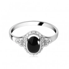 925 Ezüst gyűrű, fekete ovális alakú ónix, gyöngy alakú peremmel, magasfényű