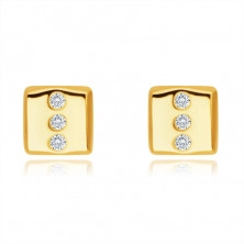 Gyémánt 14K sárga arany fülbevaló - téglalap alakú, három kerek briliánssal, stekker zárral