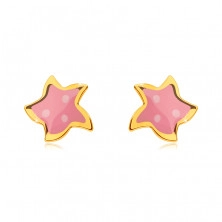 Fülbevaló 585 sárga aranyból - csillag öt ággal, rózsaszín mázzal és három pöttyel.