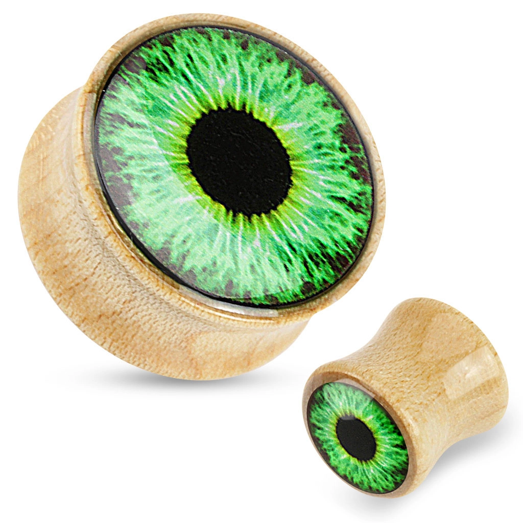 Fa fültágító - világosbarna szín, átlátszó mázzal, zöld szemmel - Vastagság: 14 mm