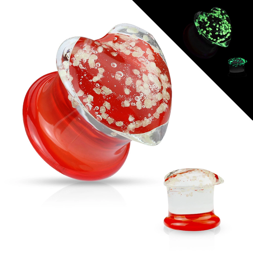 Pyrex üveg fültágító dugó - piros és átlátszó végek, átlátszó, sötétben világító szívecske - A piercing vastagsága: 10 mm