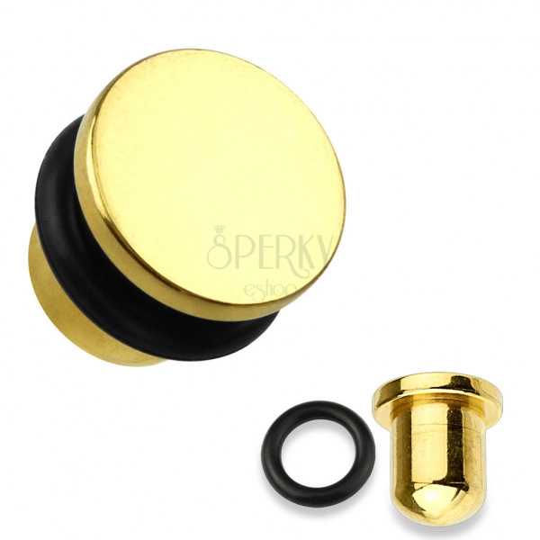 316L acél fültágító dugó, arany színben, fekete gumigyűrűvel, különböző vastagságokban
