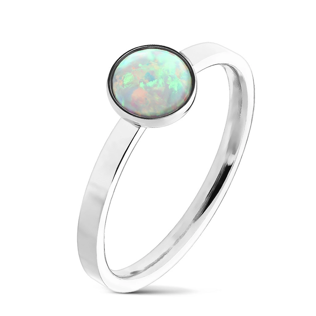 Ezüst színű acél gyűrű, szintetikus opál szivárványos tükröződéssel, keskeny vállakkal - Nagyság: 60