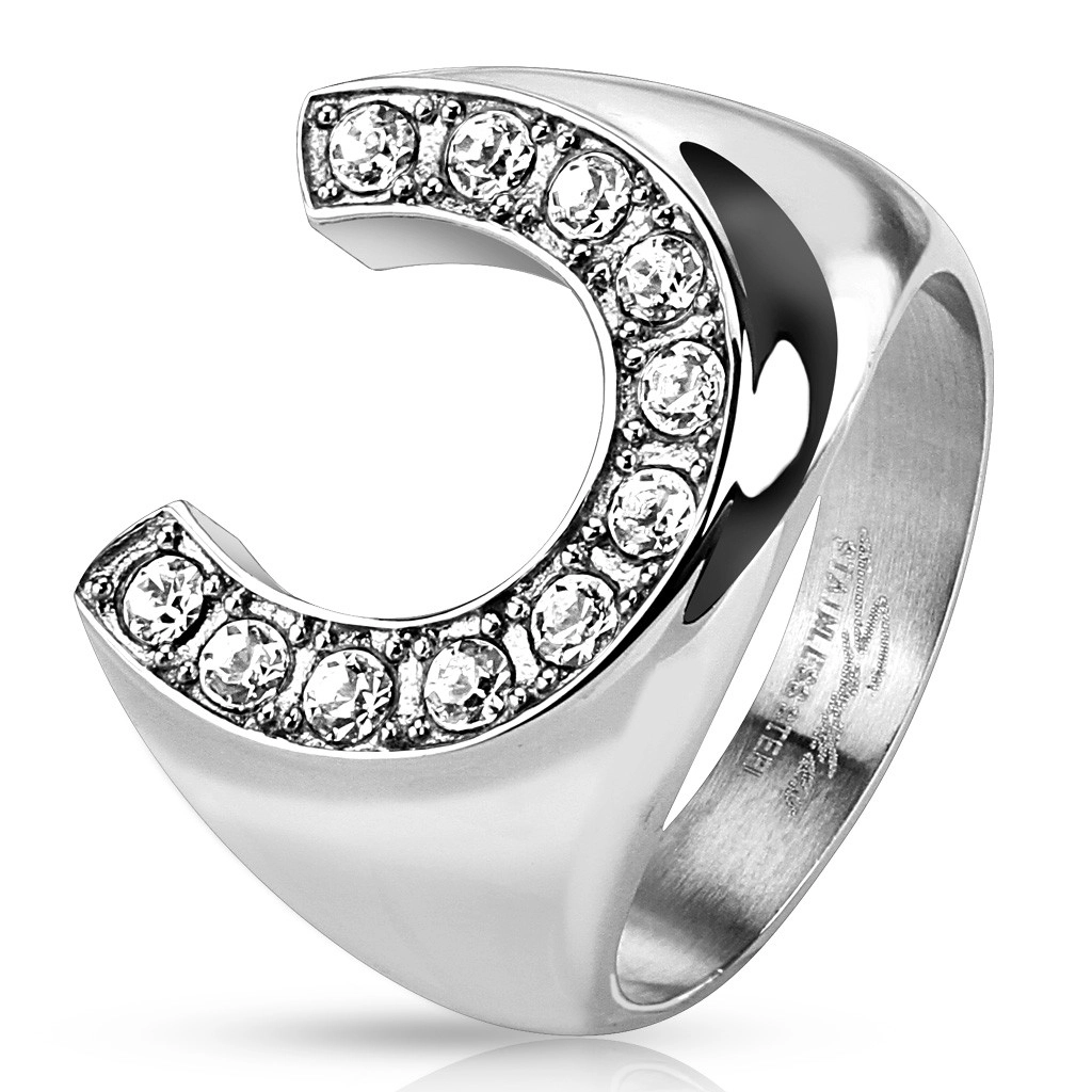 Rozsdamentes acélból készült gyűrű, masszív patkó, cirkóniákkal kirakva. - Nagyság: 62