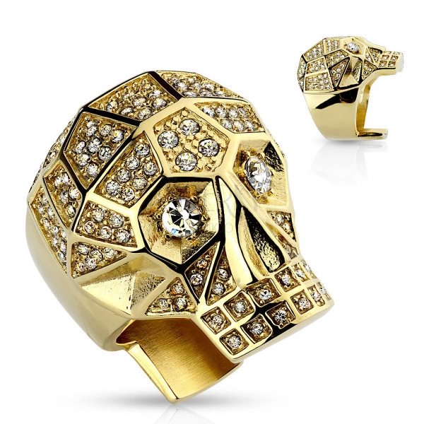 Masszív 316L acél gyűrű, arany színű, koponya, tiszta kristályok