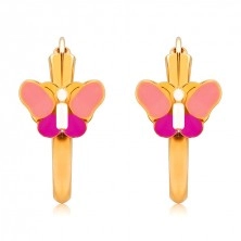 14K arany kerek fülbevaló, rózsaszín pillangó, csillogó felület, 15 mm